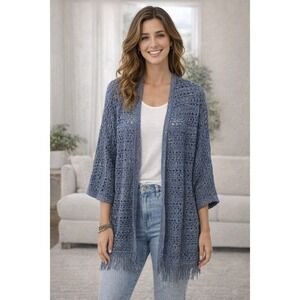 Allison Daley Women's Blue Fringe Boho Open Knit Beach Festival Cardigan P Small